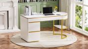 60''Modern Executive Desk,White Curved Computer Desk with Gold Metal Legs,3-Drawers Home Office Desk