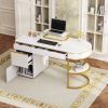 60''Modern Executive Desk,White Curved Computer Desk with Gold Metal Legs,3-Drawers Home Office Desk