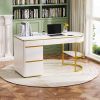 60''Modern Executive Desk,White Curved Computer Desk with Gold Metal Legs,3-Drawers Home Office Desk