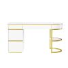 60''Modern Executive Desk,White Curved Computer Desk with Gold Metal Legs,3-Drawers Home Office Desk
