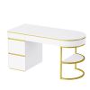 60''Modern Executive Desk,White Curved Computer Desk with Gold Metal Legs,3-Drawers Home Office Desk