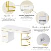 60''Modern Executive Desk,White Curved Computer Desk with Gold Metal Legs,3-Drawers Home Office Desk
