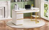 60''Modern Executive Desk,White Curved Computer Desk with Gold Metal Legs,3-Drawers Home Office Desk