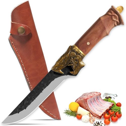 Qulajoy Boning Knife - Hand Forged Camping Knife 7Cr17MOV Blade - Dragon Head Handle And Leather Sheath - Unique Dragon Style - Viking Knife For Hunti