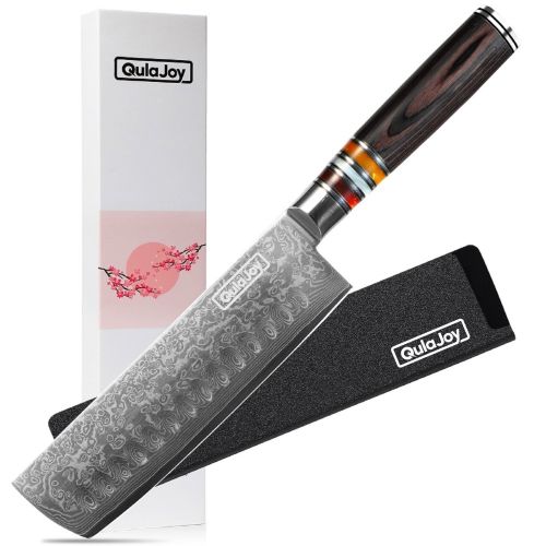 Qulajoy 7 Inch Nakiri Chef Knife,Professional Japanese 67 Layers Damascus VG-10 Steel Core,Hammered Vegetable Cutting Knife,Ergonomic Pakkawood Handle